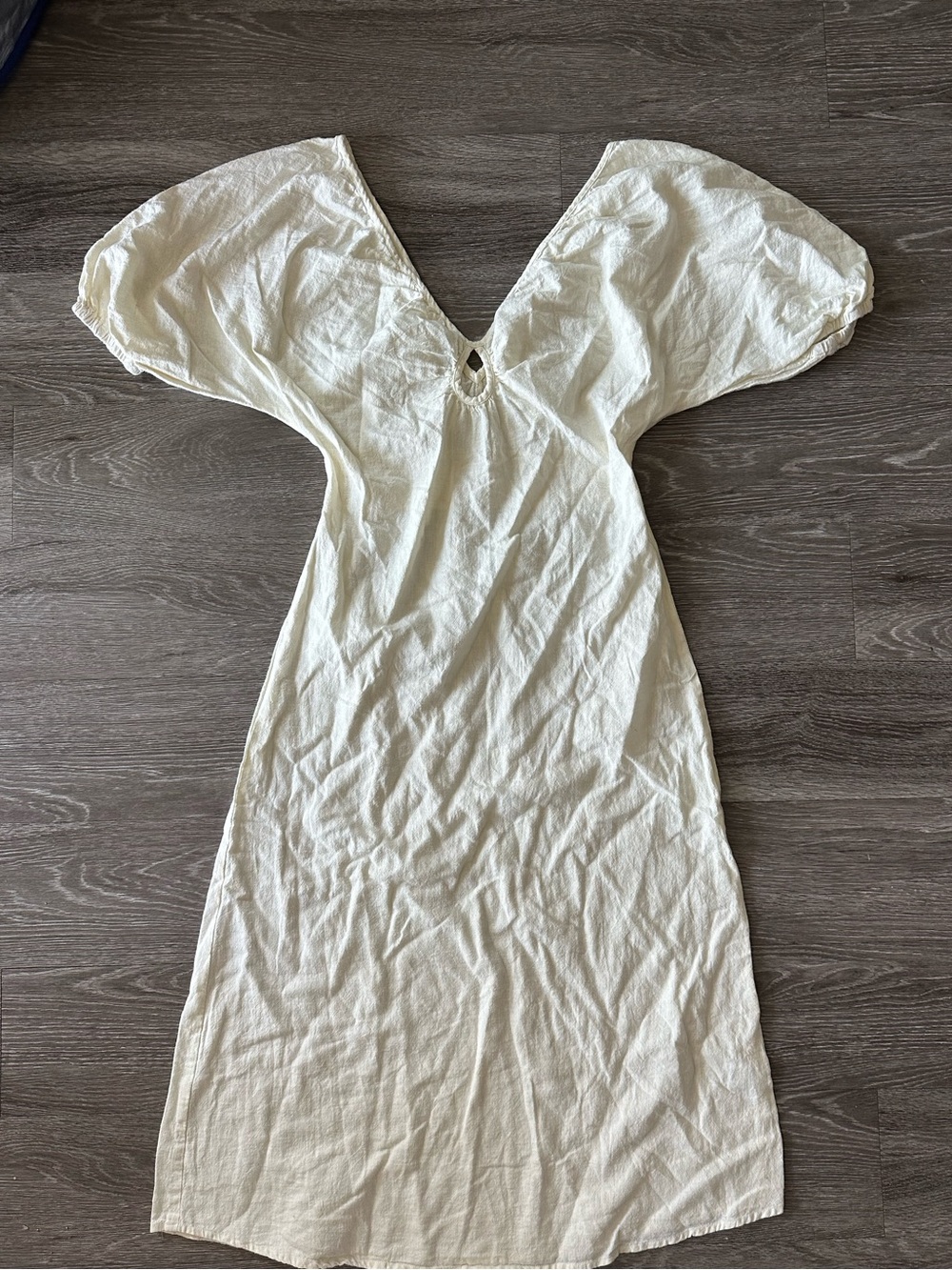 Cream V-Neck Midi Dress with Puff Sleeves